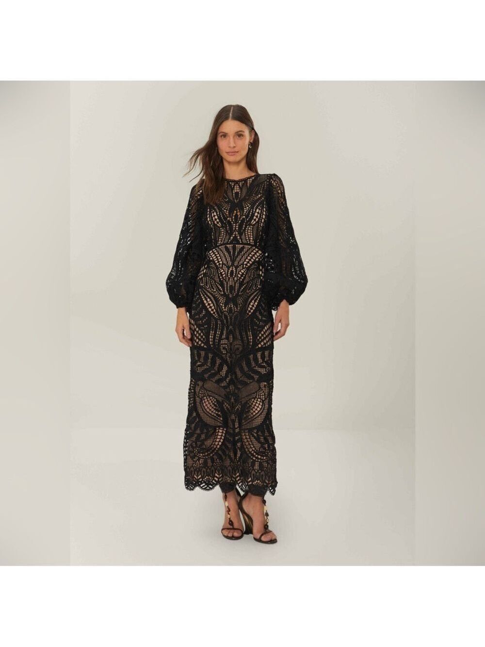 Farm Rio Black Nature Guipure Midi Dress
